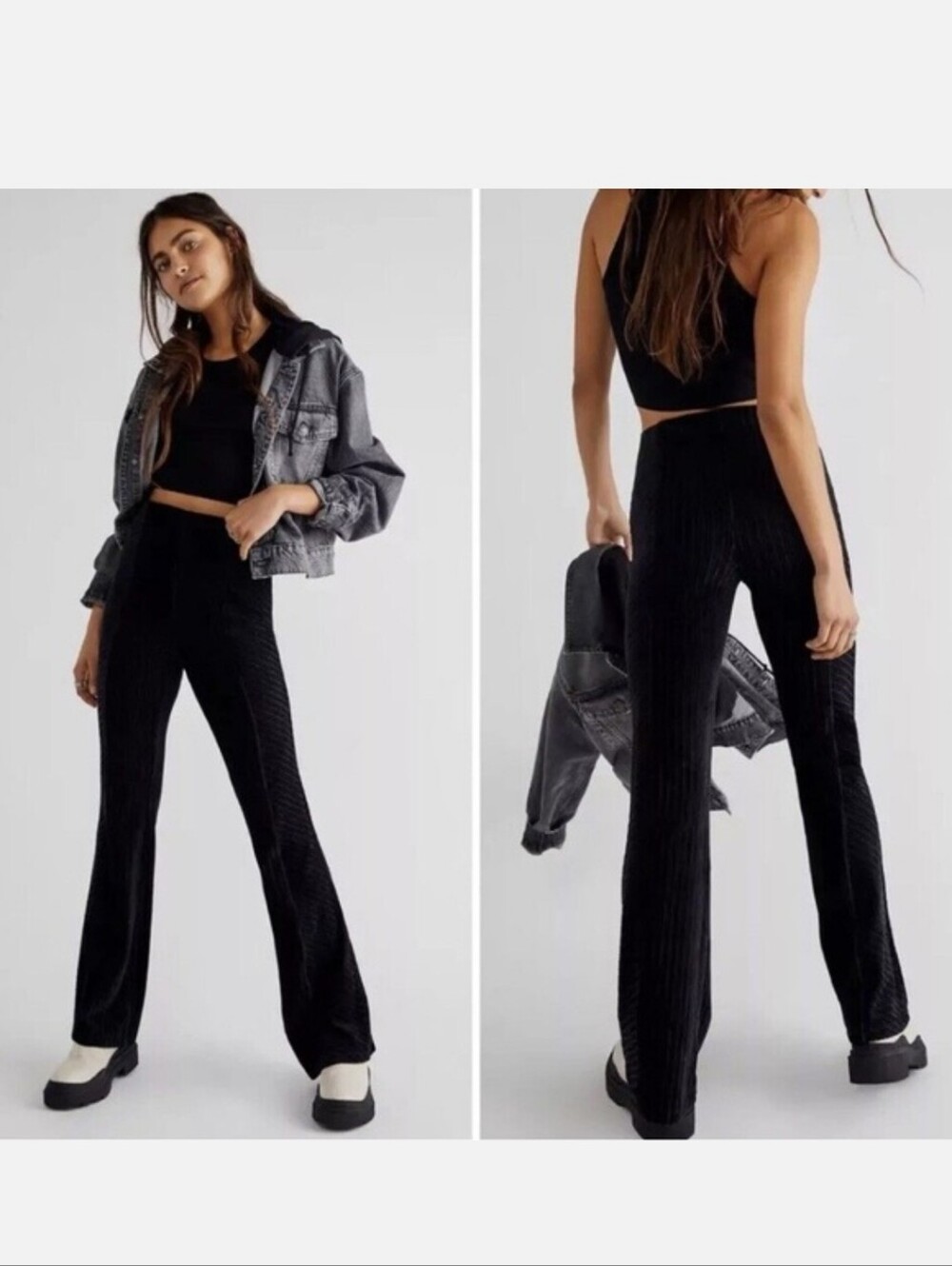 Free People Ribbed Pull On Velvet Flare Pants High Rise Size Small